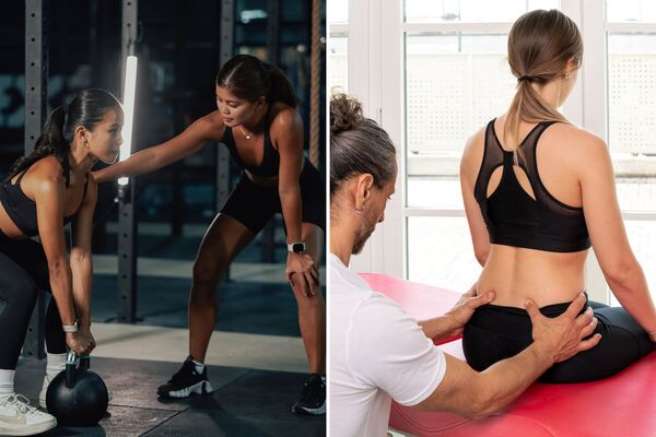 photos d'un coach en sport santé et d'un ostéopathe en pleine séance de travail