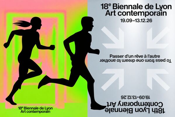 deux coureurs en ombre chinoise devant l'affiche de la 18e biennale d'art contemporain de lyon